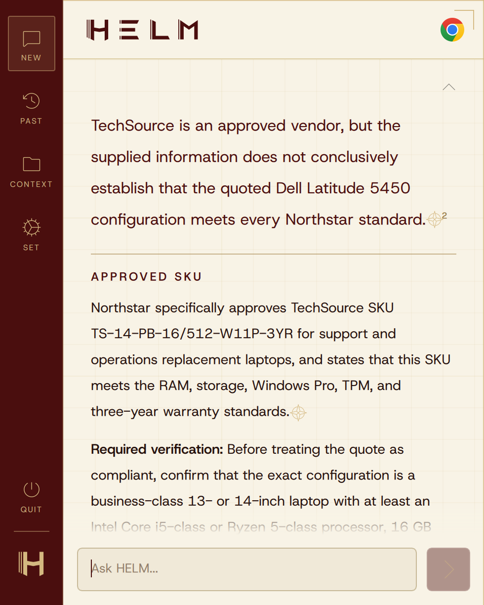 Real HELM development answer: TechSource is approved, but the quoted laptop configuration is not conclusively verified. An approved SKU and source citations are shown.