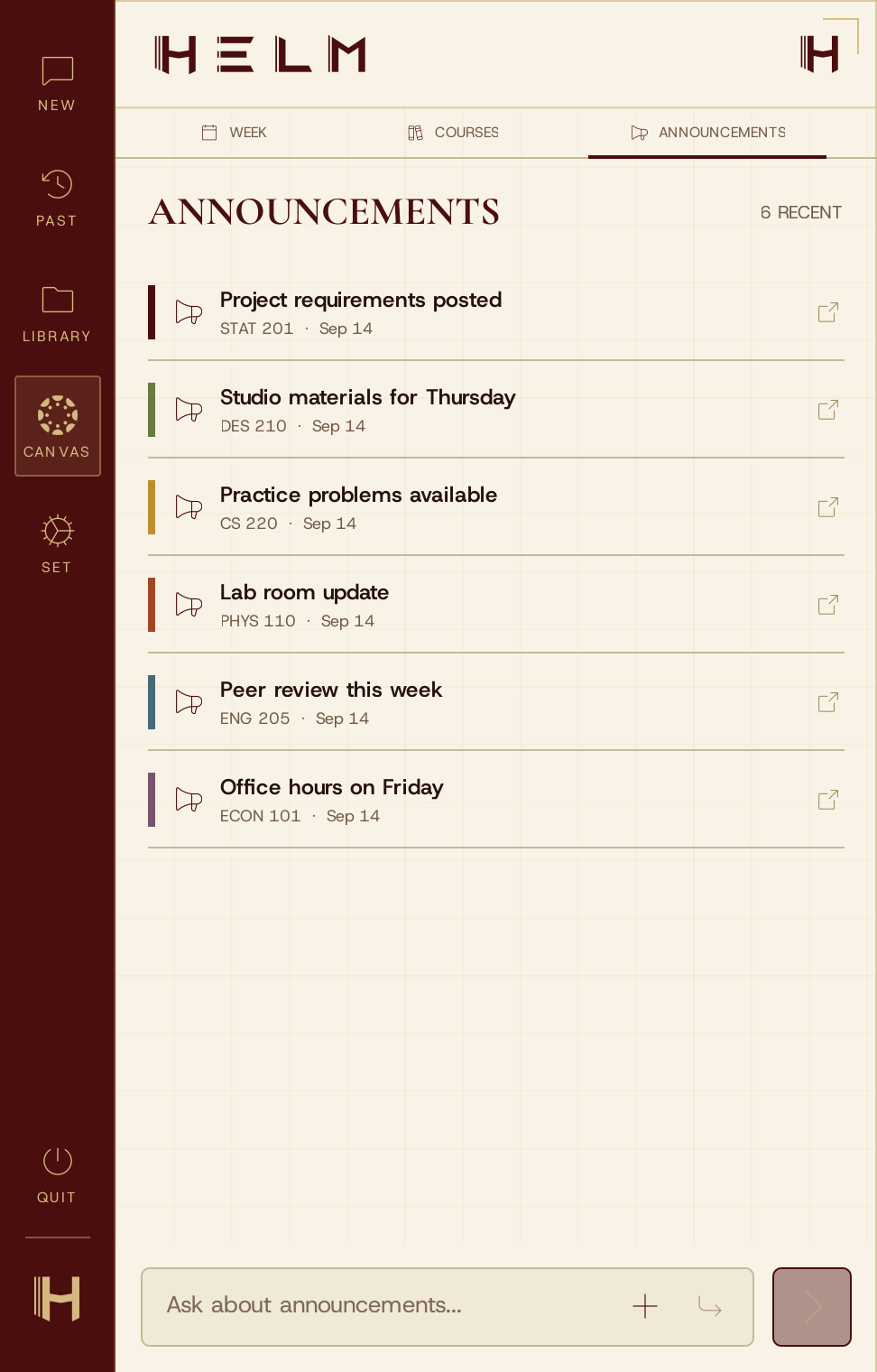 HELM Canvas announcements screen with updates from six courses