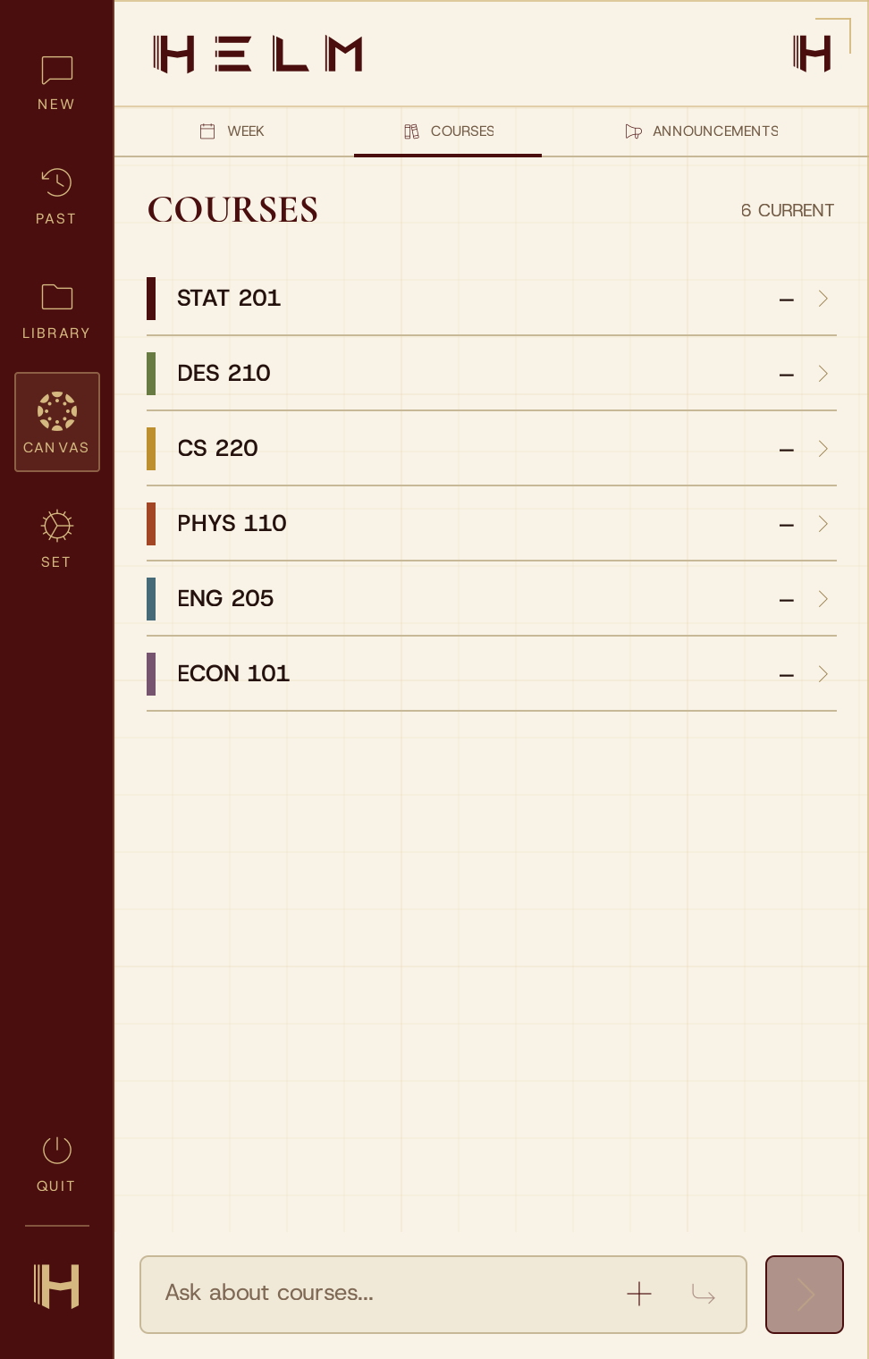 HELM Canvas courses screen showing six classes