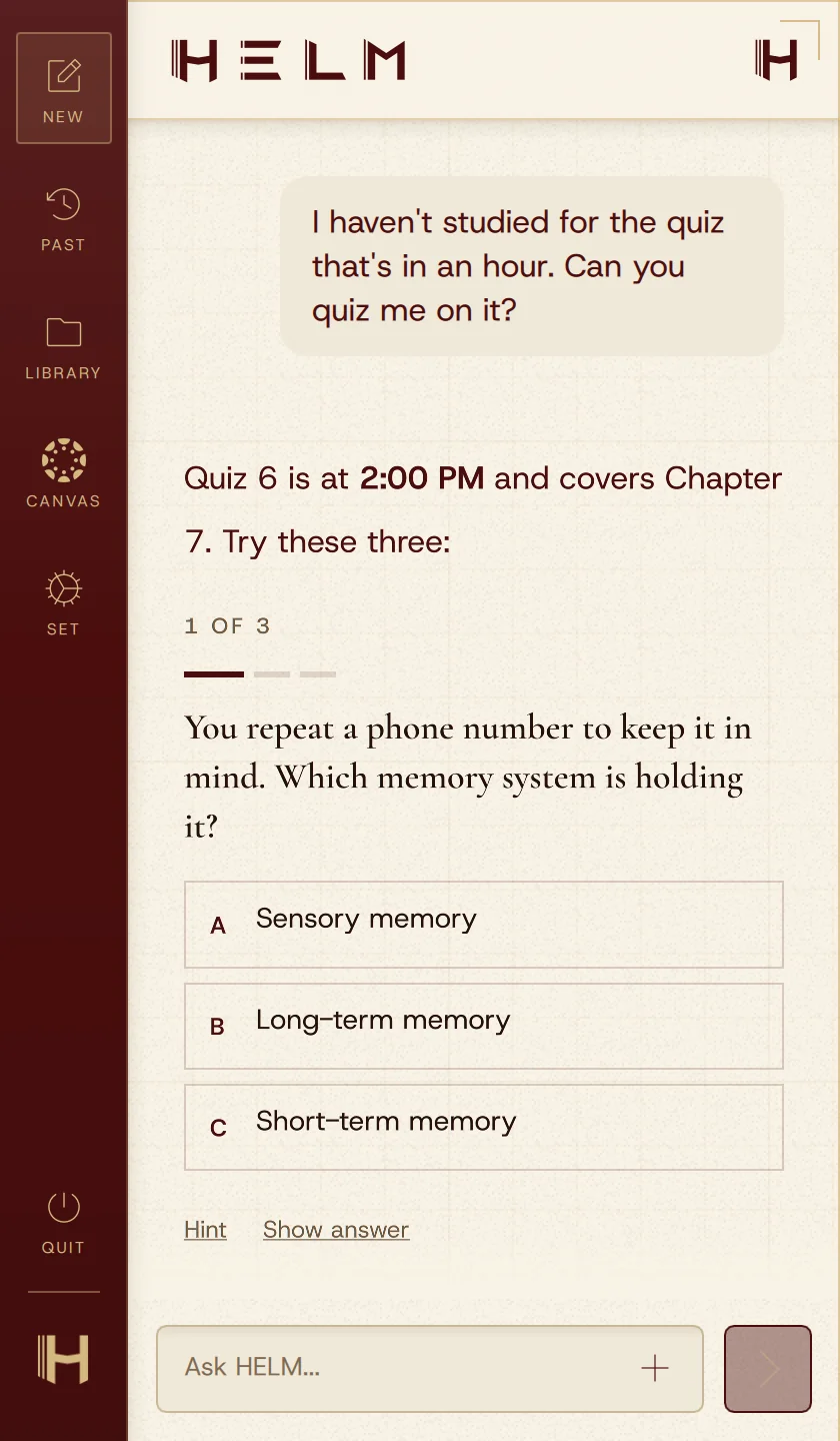 HELM showing quiz questions in the selected theme