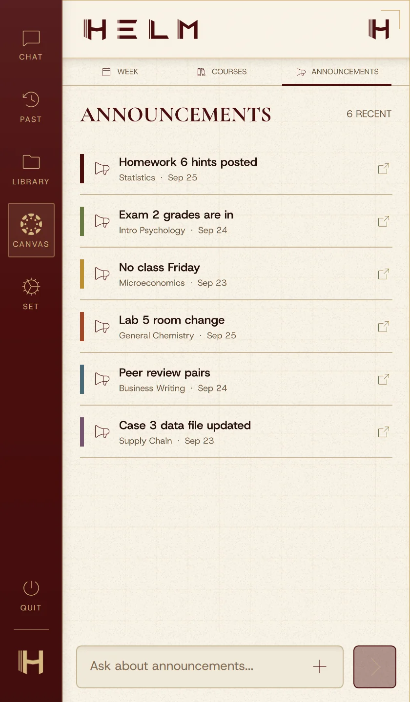 HELM's Canvas announcements from six classes