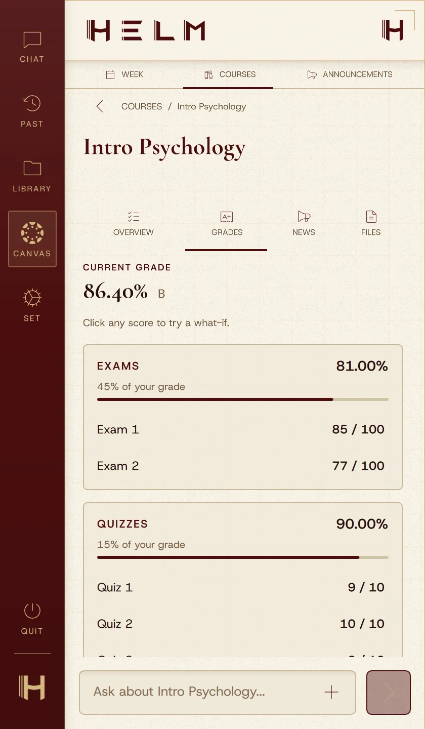 HELM's Canvas grades for PSYC 2300: category weights, scores and a current grade of 86.40%