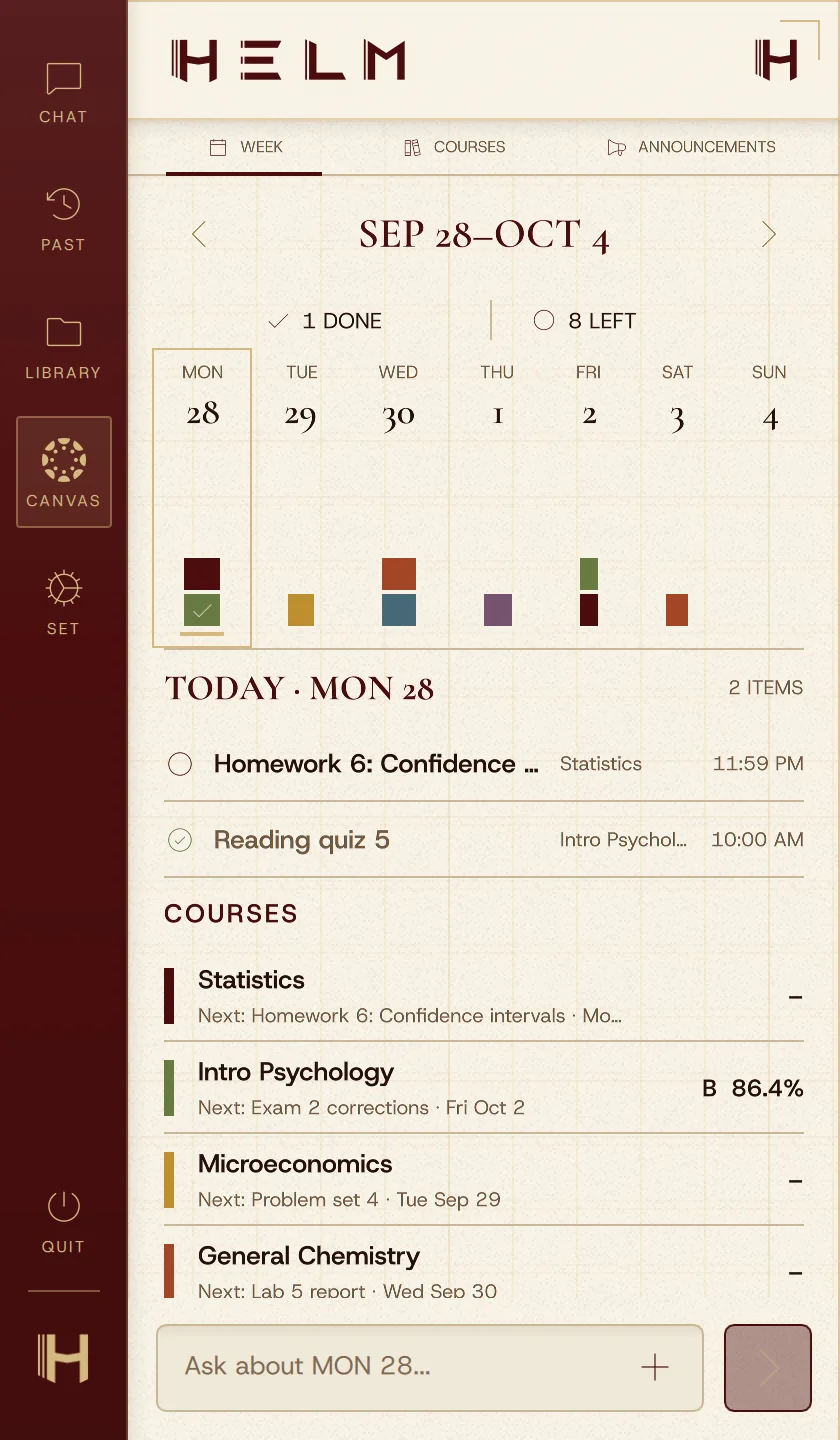 HELM's Canvas week view with assignments from six classes, grouped by day