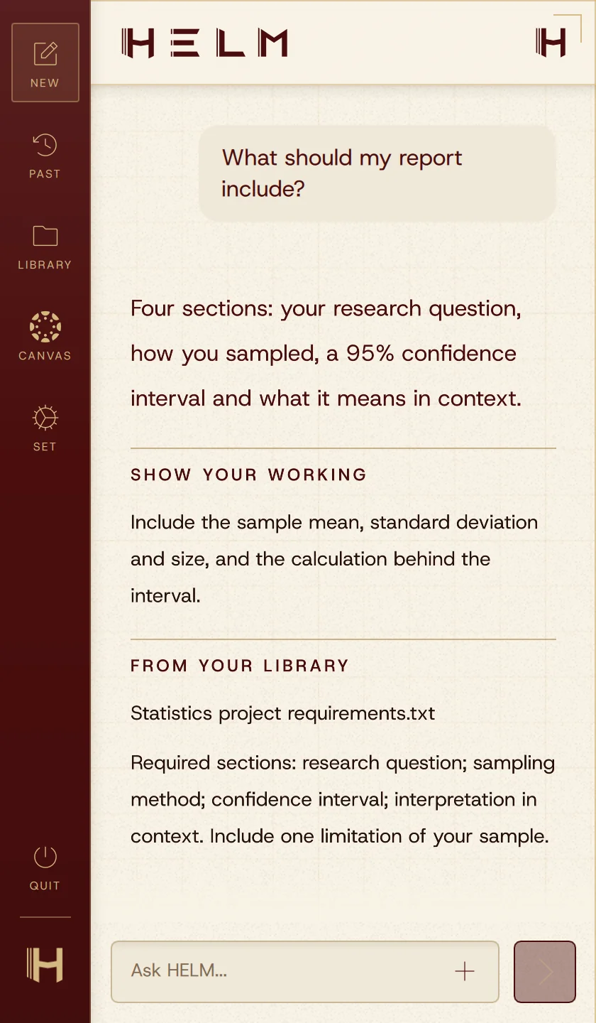 HELM answers “What should my report include?” from Statistics project requirements.txt in the Library